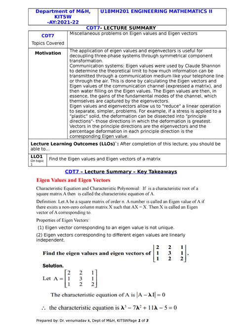 More Problemson Eigen Valuesand Eigen Vectors - Department of M&H ...