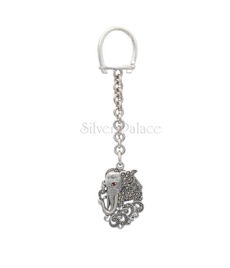 Silver With Marcasite Stone Elephant Face Keychain - Silver Palace
