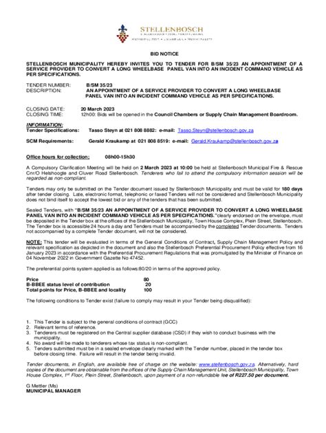 Fillable Online stellenbosch municipality hereby invites you to tender ...