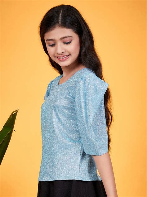 Girls Shimmer Round Neck Puff Sleeves Top – Trendia