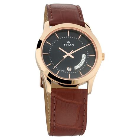 Buy Online Titan Quartz Analog with Date Black Dial Leather Strap Watch ...