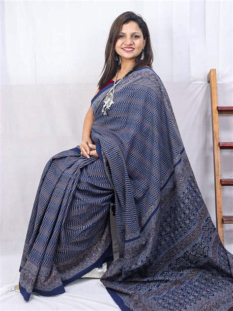 Stunning Blue Block Printed Ajrakh Cotton Saree