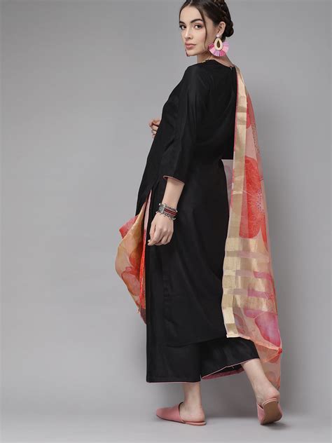 Indo Era Black Embroidered Straight Kurta Palazzo With Dupatta Set ...