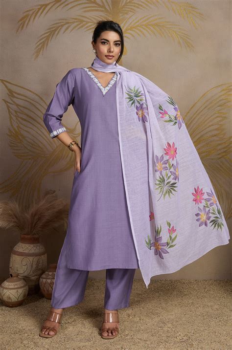 Timeless Lavender Viscose Silk Women Suit Set with Linen Brush Print D ...
