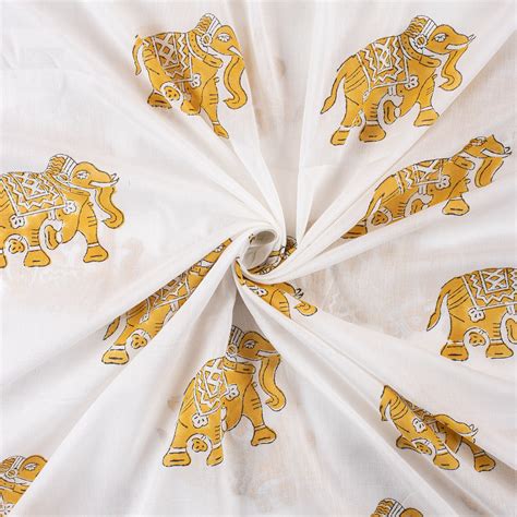 Hand Block Elephant Printed Cotton Running Fabric Online | Dmaasa