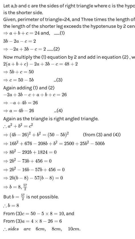 The perimeter of a right triangle is 24 centimeters. Three times the ...