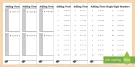 👉 Add 3 1-Digit Numbers Worksheets (teacher made)