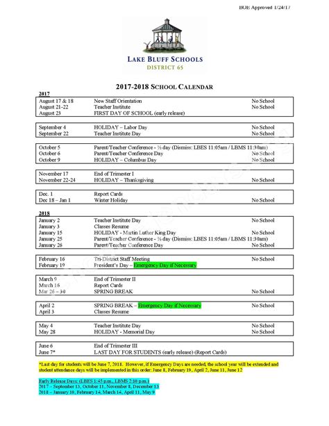 2017 - 2018 School Calendar | Lake Bluff Elementary School District 65 ...