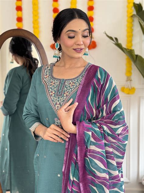 Buy Teal Green Embroidered Viscose Event Wear Pant Suit From Ethnic Plus