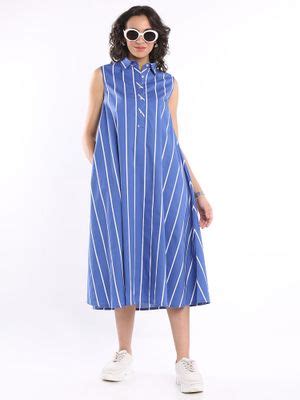 Buy Gazillion Elva Blue & White Stripes Cotton Midi Dress Online