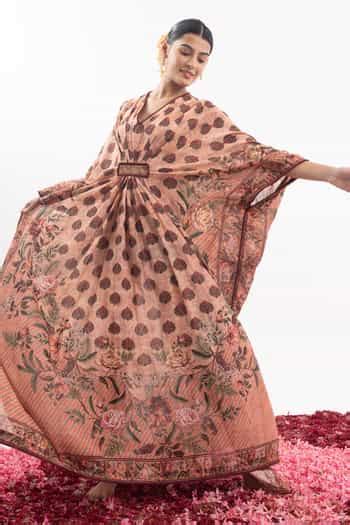 Buy Peach Cotton Silk Print Floral Blossom V Neck Kaftan For Women by ...