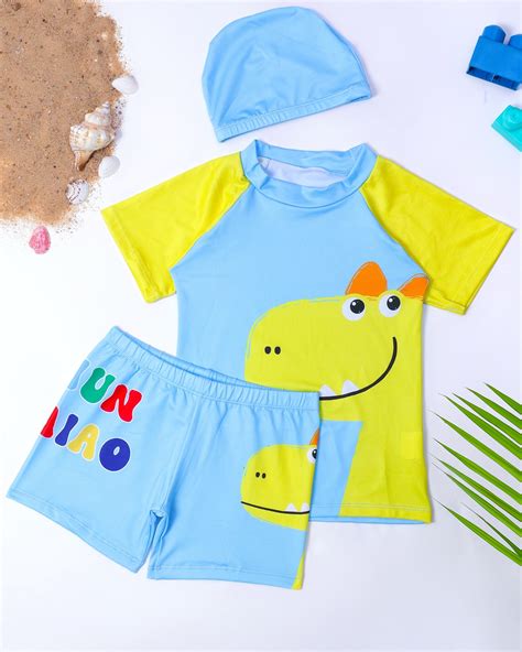 Happy Dino Swim Set- Light Blue and Yellow – Bubble Berry