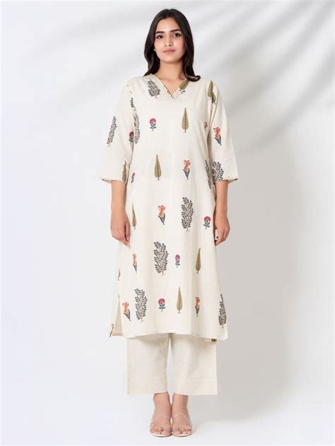 Ivory Hand Block Printed Cotton Flex Kurta with Pants- Set of 2