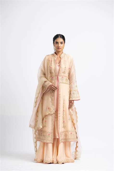 Nitika Gujral - Peach Jacket Sharara Set - Elahe