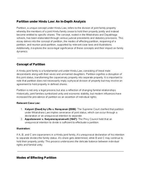 Partition Under Hindu Law: An In-Depth Analysis of Legal Nuances - Studocu