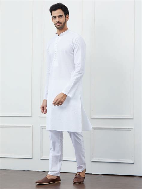 Men's White Thread Work Pure Cotton Kurta: Classic Elegance – See Designs