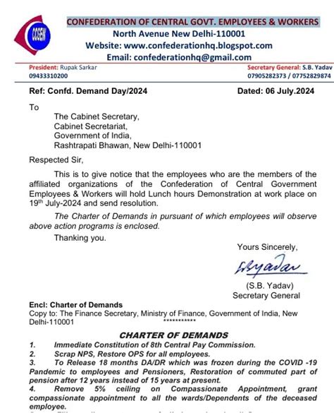 CG Staff Charter of Demands for 8th CPC, 18 Months DA Arrears, and GDS ...
