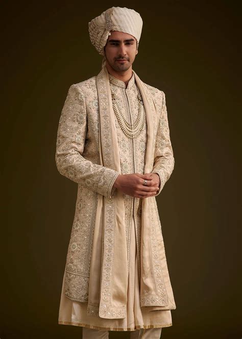 Beige Silk Sherwani Set With Zardosi Embroidery And Anarkali Kurta ...
