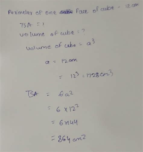 The perimeter of one face of a cube is 12cm. Find the total surface ...