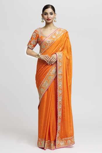 Buy Orange Tussar, Chiffon Zari, Embroidery Fez Border Saree With ...