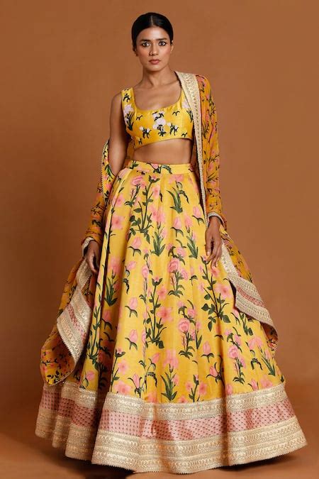 Buy Yellow Raw Silk Printed Floral Scoop Neck Moon Belle Lehenga Set ...