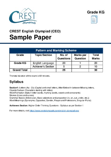CEO Sample Paper for Class 0 - CREST English Olympiad (CEO) Sample ...