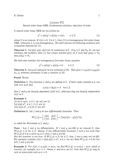 Lecture 07 ode and integral transform - Lecture VII Second order linear ...