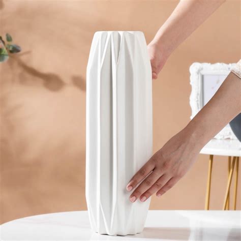 Geometric Textured Ceramic Vase White Tall