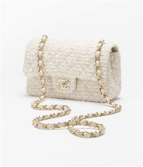 Mini classic handbag, Tweed & gold metal, beige & white — Fashion | CHANEL