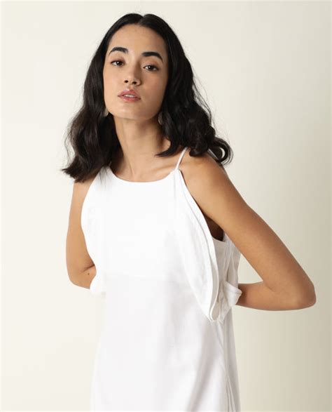 Rareism Women's Acron White Tencel Shoulder Strap Plain Sleeveless Max