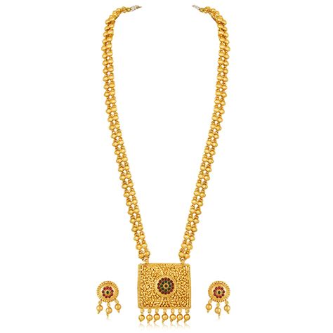 Peora Gold Plated Red Green Synthetic Stone Studded Long Necklace ...