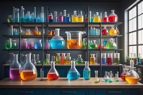 Colorful chemistry lab with solutions in glass containers and beakers ...