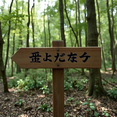 Picture wooden sign with japanese characters on it in a forest ...