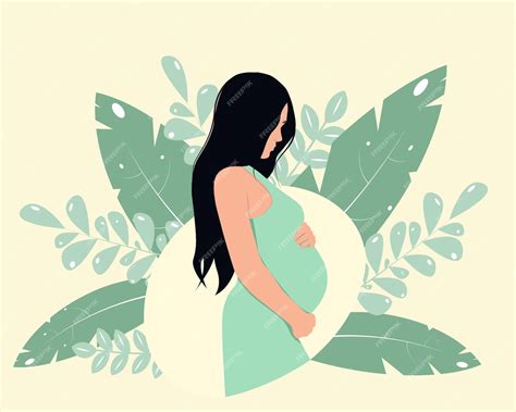 Ilustrações sobre gravidez e maternidade mulher grávida feliz segurando a barriga folhas lindas ...
