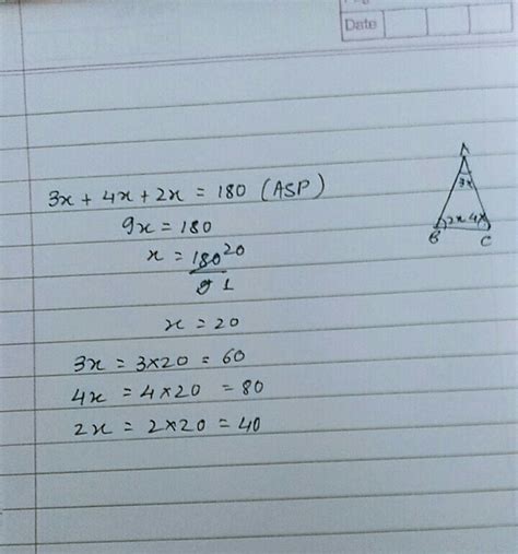 If angles of a triangle are in the ratio 2:3:4. Find the value of each ...