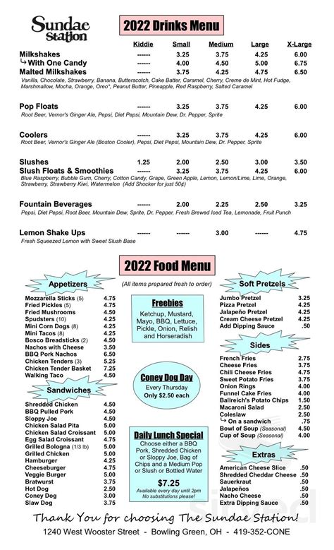 Sundae Station menus in Bowling Green, Ohio, United States