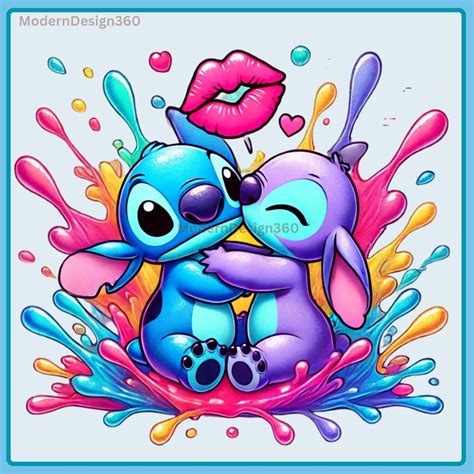 Stitch and Angel Kiss Watercolor PNG, Clipart Images, Rainbow Aesthetic ...