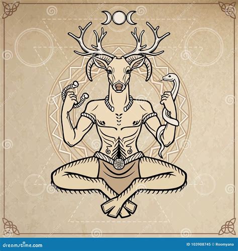 Horned God Cernunnos . Mysticism, Esoteric, Paganism, Occultism. Vector ...