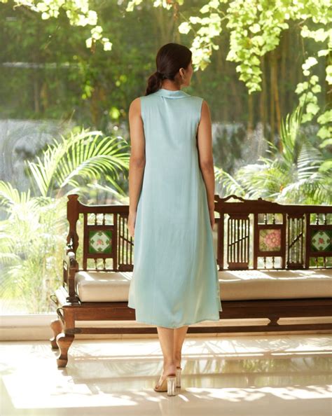 Blue Satin Silk Sleeveless Ruffled Dress – Kamakhyaa