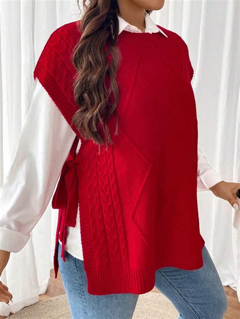 SHEIN Clasi Plus Size Women Red Round Neck Cable Knit Side Tie Bow ...
