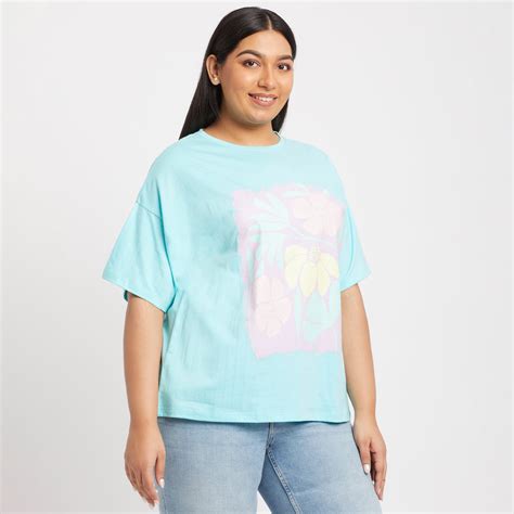 Sky Blue Floral Plus Size Chest Print Cotton Tee by Calae | Sizes ...