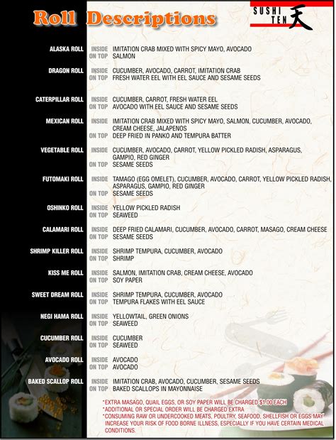 Sushi-Ten Japanese restaurant menu in Tucson, Arizona, USA