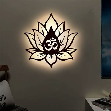 Hindu OM inside Lotus Flower Backlit Wooden Wall Decor with LED Night ...