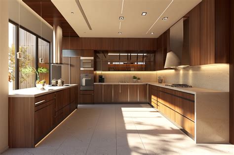 Modern L-Shaped Kitchen Design in Brown With Vertical Storage Units
