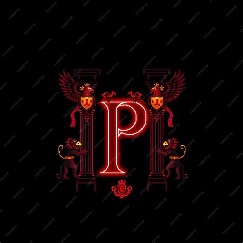 Romanesque Pixel Art Letter P Tall Columns Frame With Pixelated Eagles and Lions Shields and ...