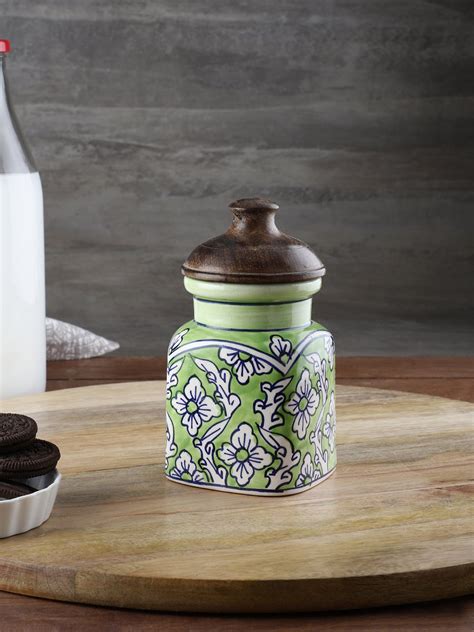 VarEesha Hand Painted Green Mughal Small Airtight Ceramic Jar with ...