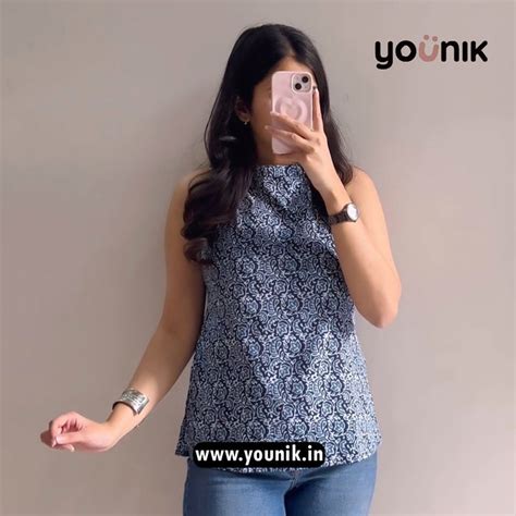 Navy Blue All Over Printed Pure Cotton Halter Neck Short Kurti – YOUNIK