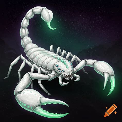 A white scorpion monster with glowing green claws and tail stands ...