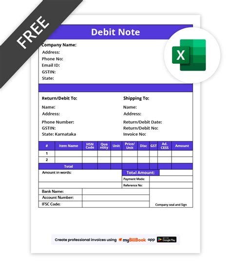 Image result for XSL Format Debit Note Format in Excel