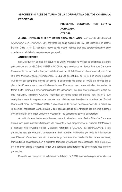 Denuncia Formal por Estafa Agravada de Juana Hoffman y Mario Caba - Studocu